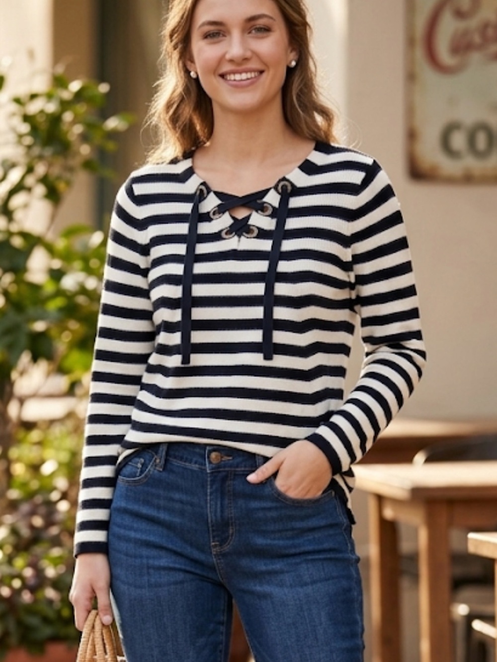 Cj Banks Striped Lace-Up Knit Top Black White grommet sweater NWOT XL  fall